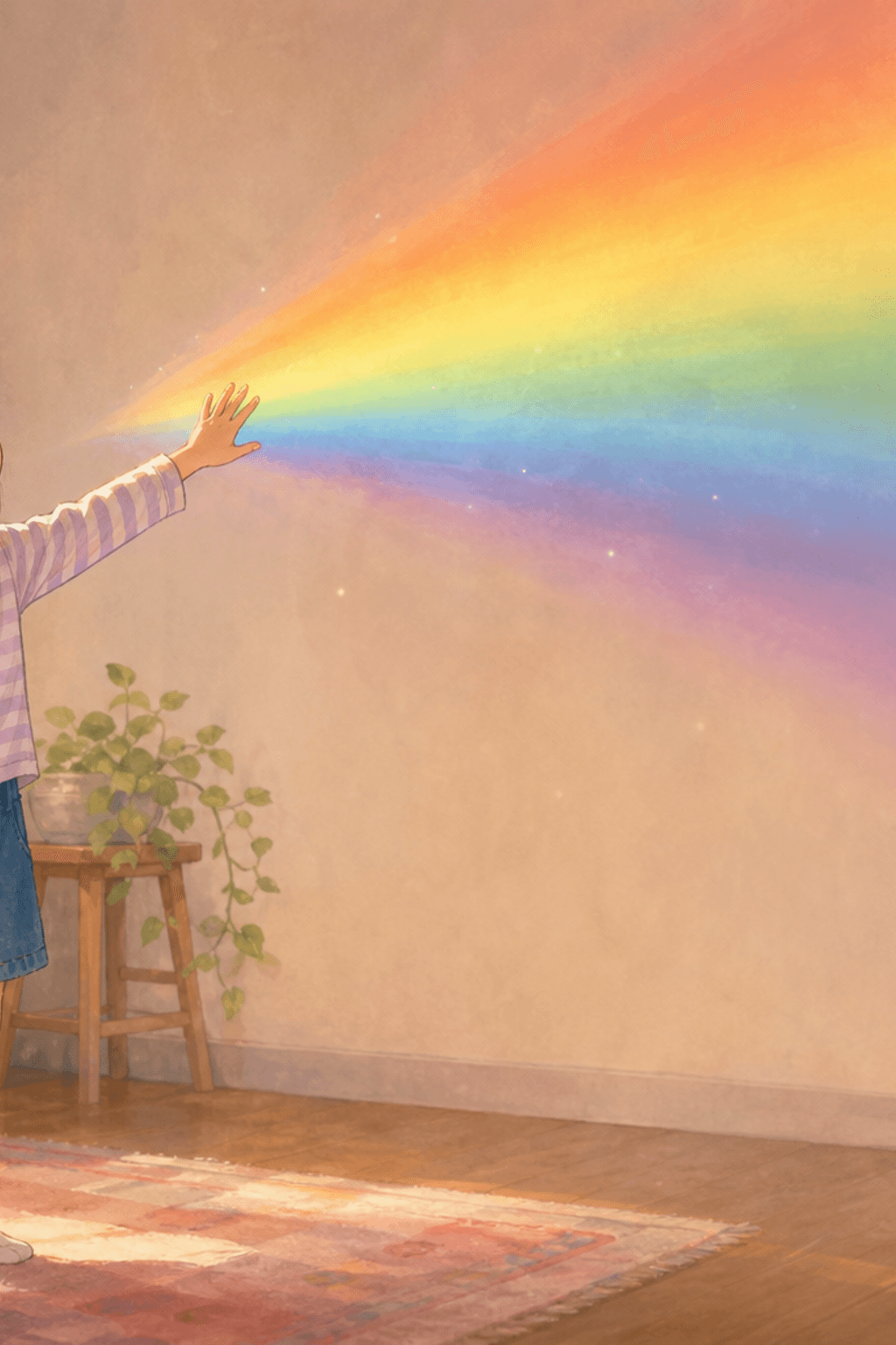 Sunlight passing through a glass prism on a windowsill, throwing a soft rainbow across a plain wall.
